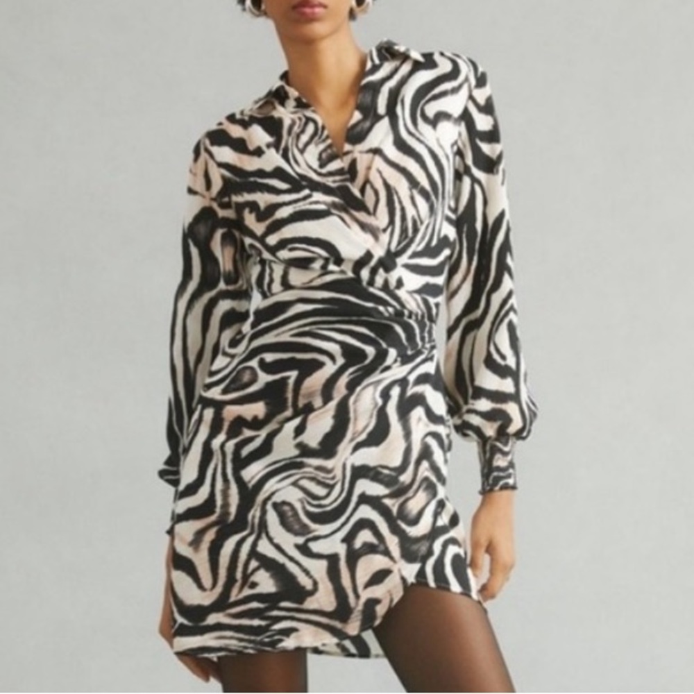 Anthropologie Faux Wrap Zebra Print Long Sleeve Mini Dress sz 12P
